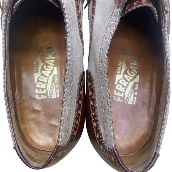Salvatore Ferragamo Men’s Brown Leather & Suede Wingtip Brogue Oxfords Sz 9.5EE - Picture 6 of 8